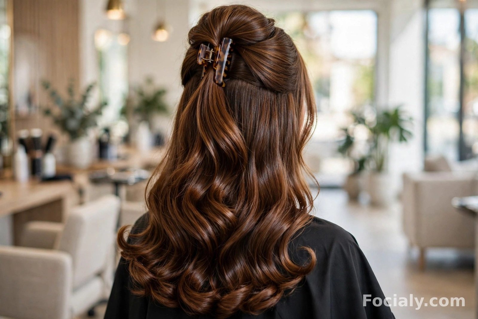 Bouncy salon blowout half up half down hairstyle on glossy chestnut hair, back view
