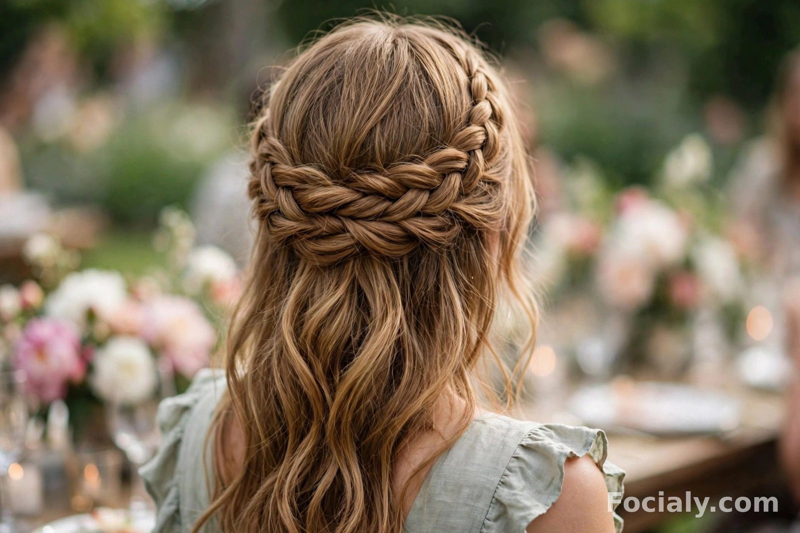 Loose dutch crown braid half up half down hairstyle with soft waves on golden brown hair