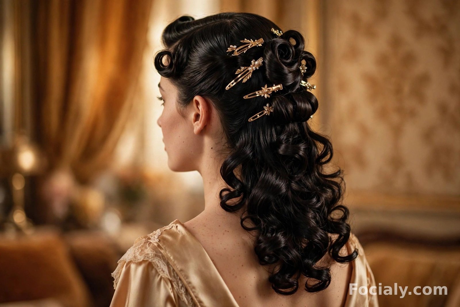 Vintage twist-and-pin curls in a half up half down style on glossy black hair with gold clips