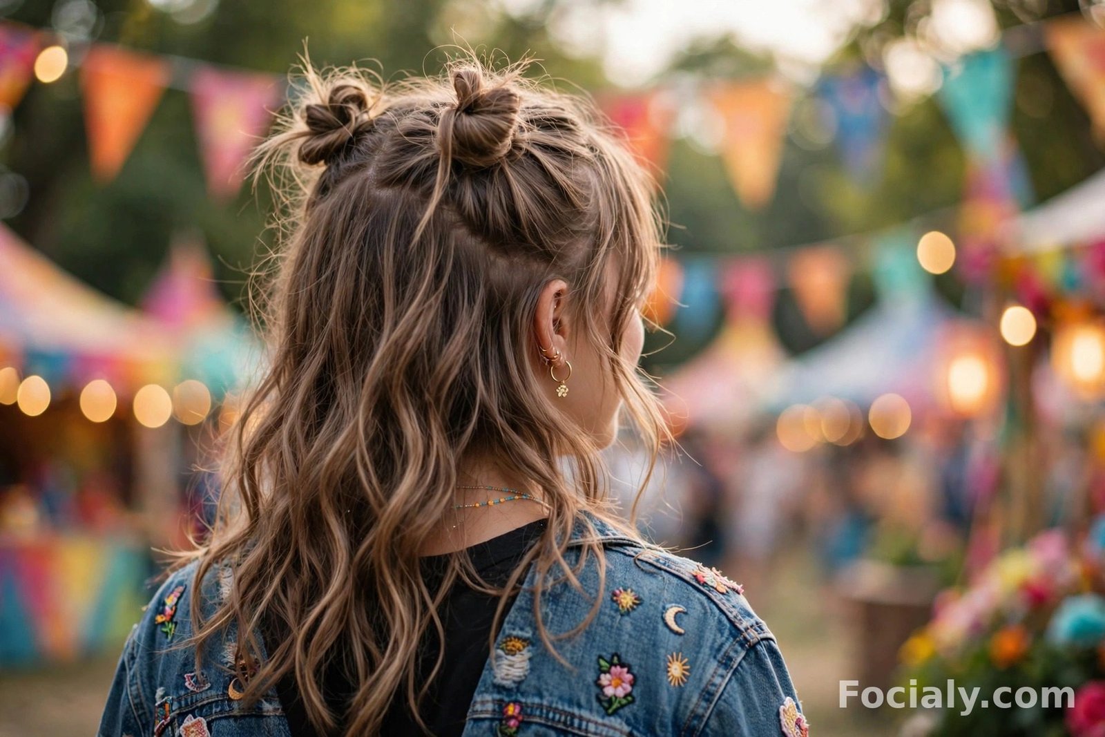 Half up half down hairstyle with two messy space buns and loose waves, back view
