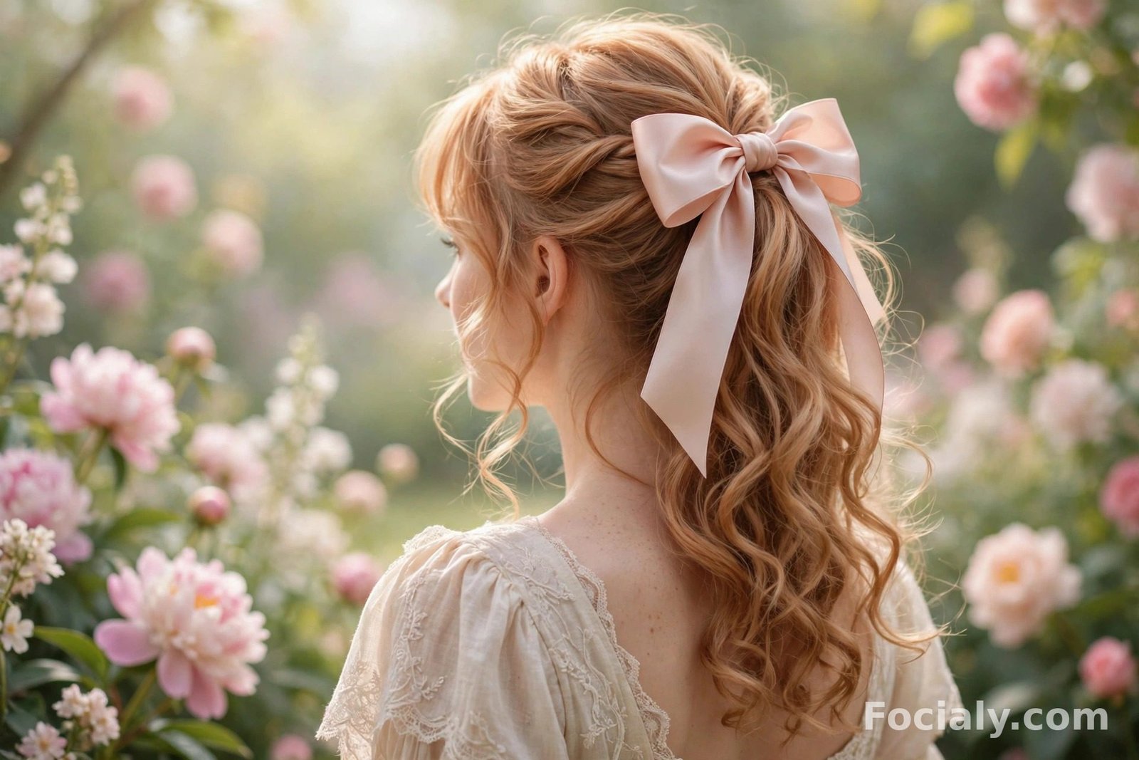Half up half down ponytail tied with a large satin ribbon bow on strawberry blonde curls