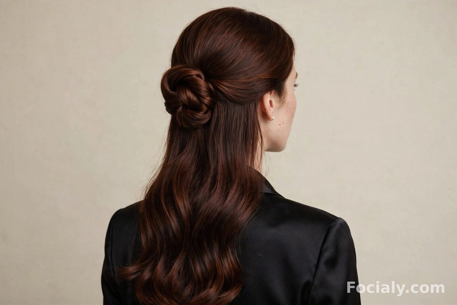 Elegant half up half down style with a low twisted chignon bun on dark auburn hair, back view