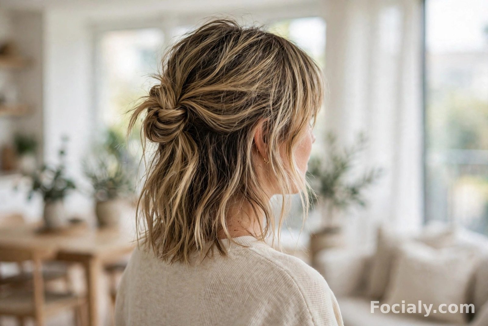 Tousled shoulder-length lob with curtain bangs in a half up half down style on dark blonde hair