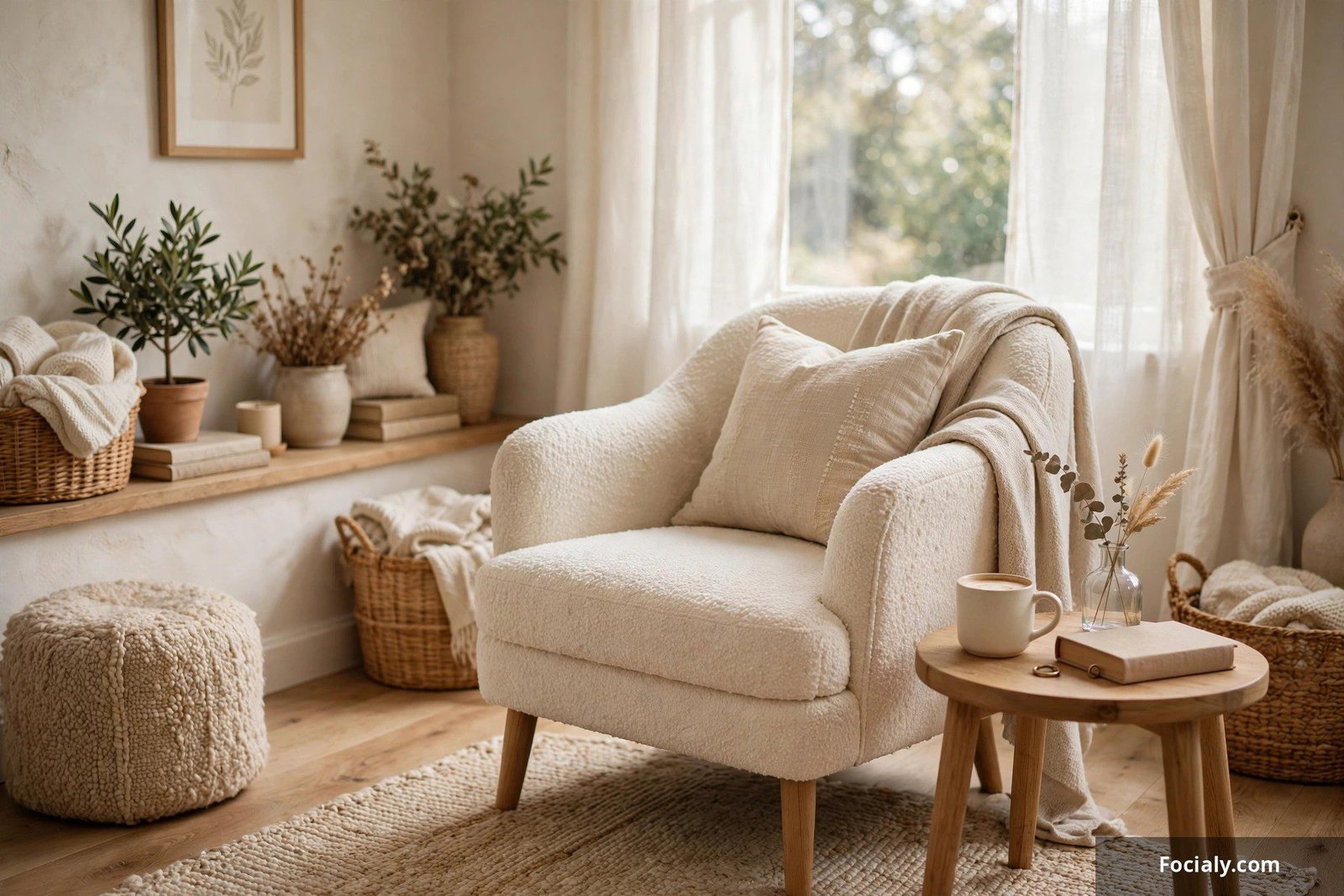 Cream bouclé accent chair in a cozy living room reading corner