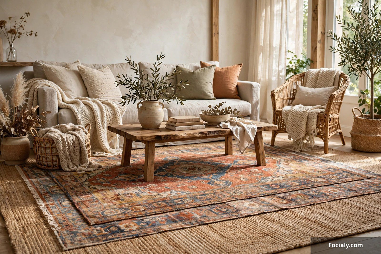 Layered rugs in a living room with a vintage rug over natural jute