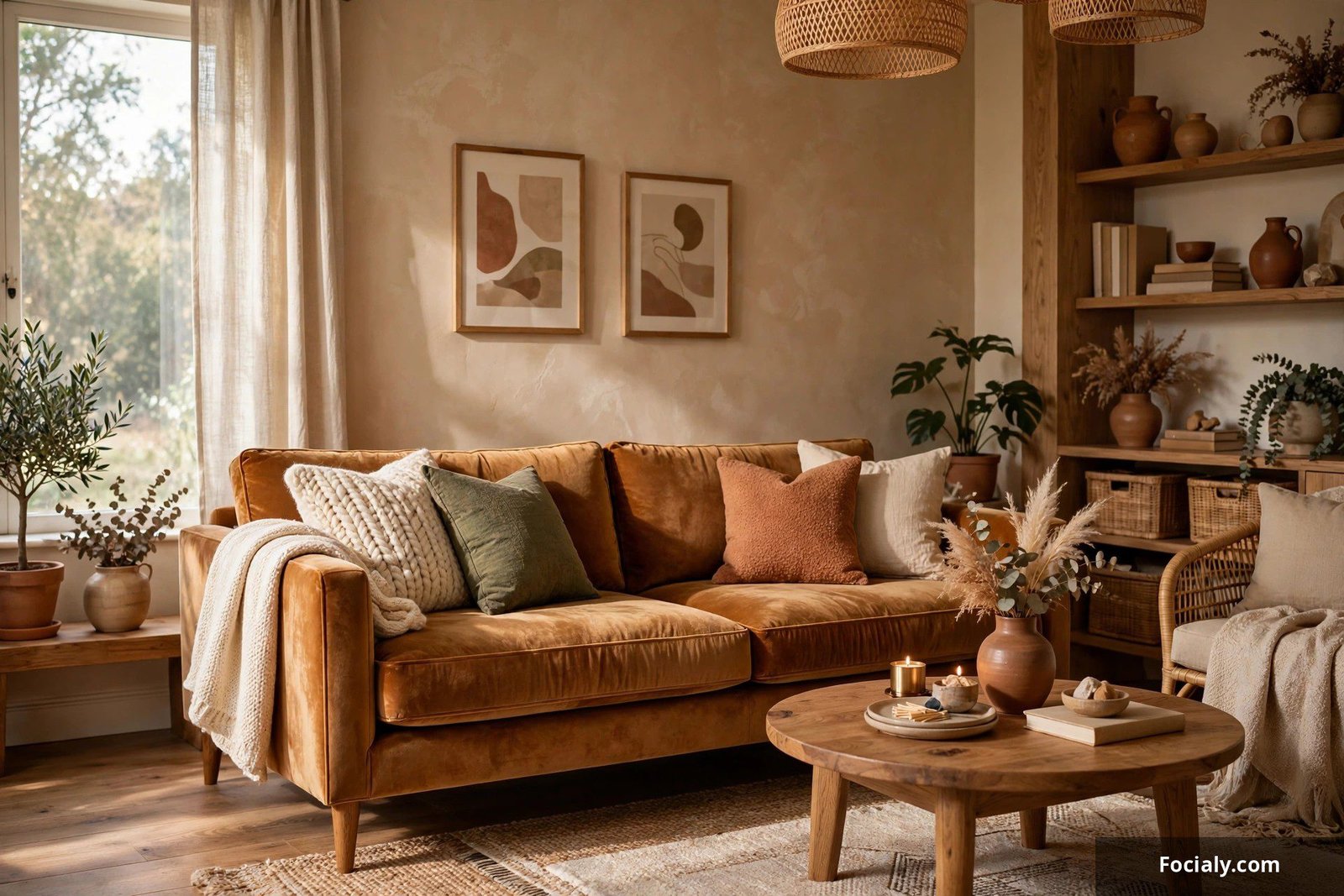 Caramel velvet sofa as the statement piece in a warm living room