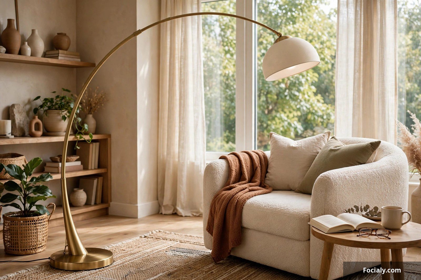 Brass arc floor lamp curving over a living room reading nook