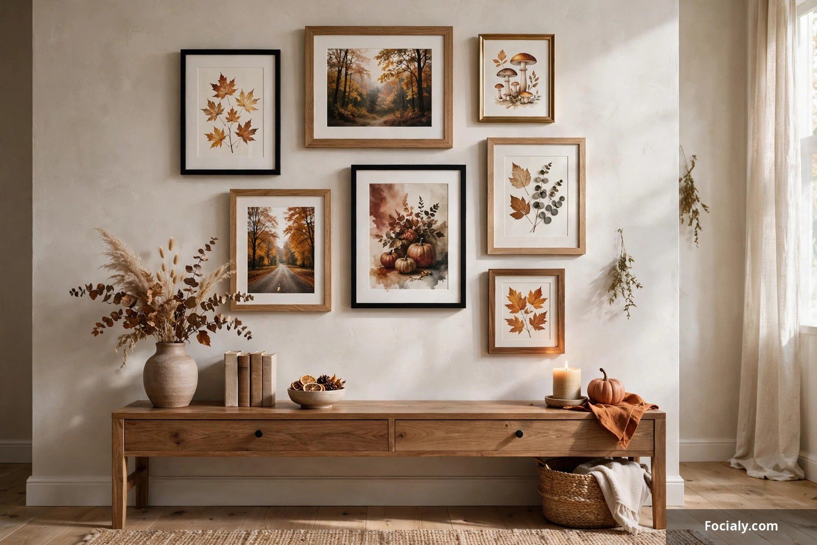 Gallery wall of mixed frames with autumn art above a living room console