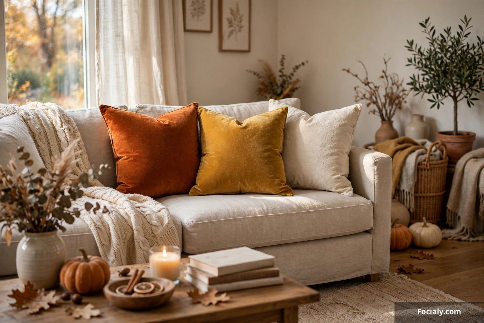 Mix of velvet throw pillows in burnt orange mustard and cream on a sofa