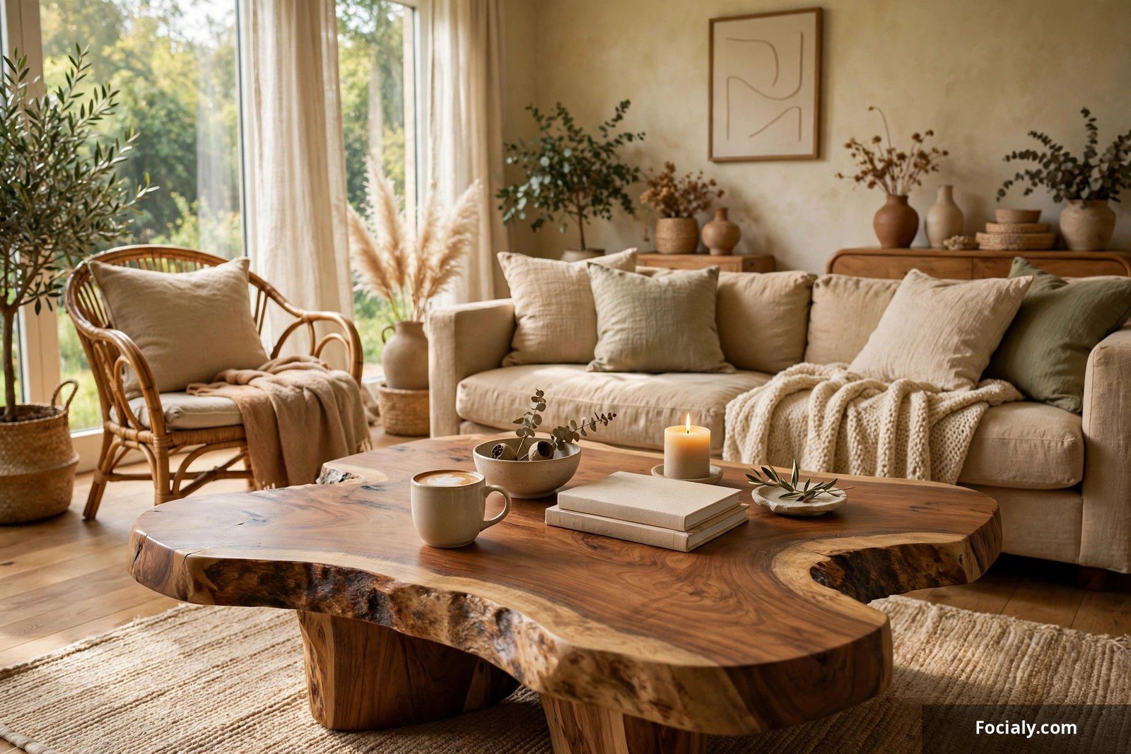 Live-edge wood coffee table styled in a warm living room