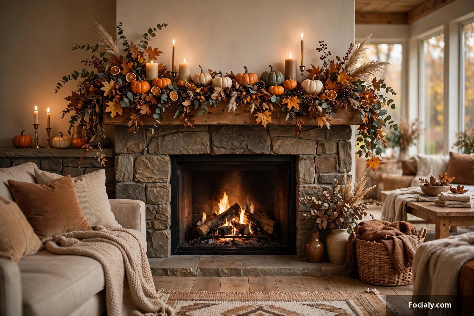 Fireplace mantel decorated with fall garland pumpkins and candles
