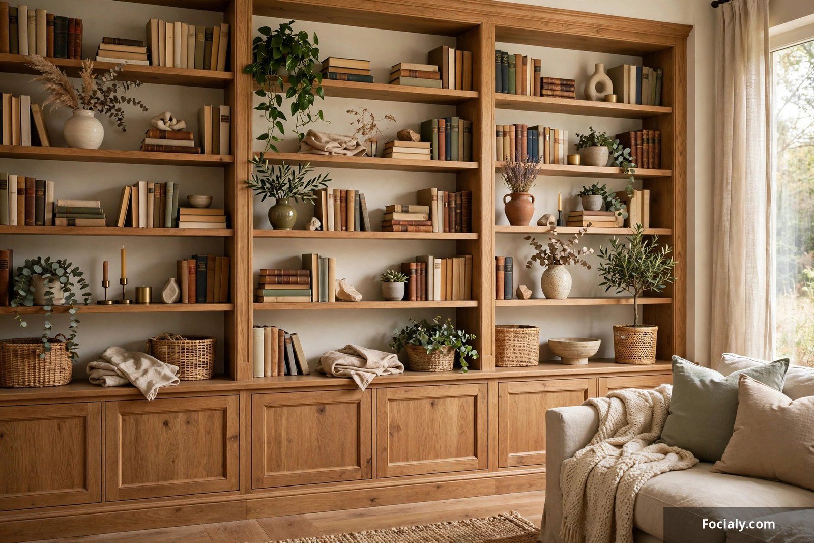 Styled built-in bookshelves with books vases and plants in a living room