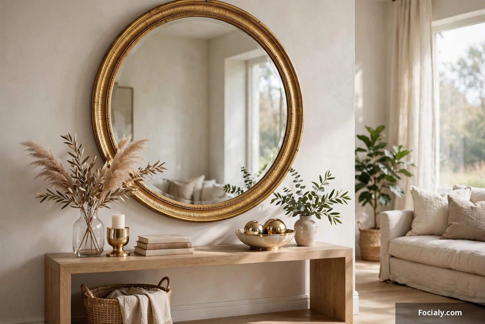 Oversized round mirror with gold frame above a living room console table