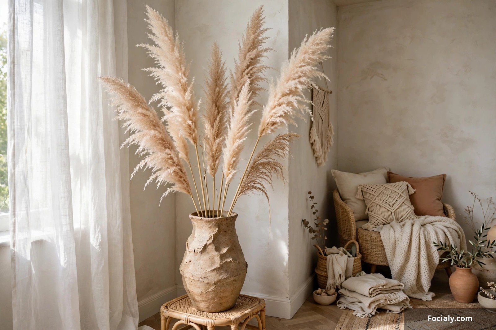 Tall pampas grass in a handmade ceramic vase in a living room corner