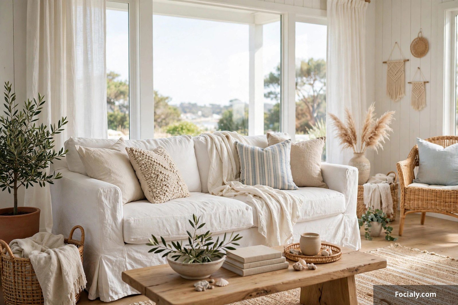 Relaxed white linen slipcover sofa in a bright airy living room