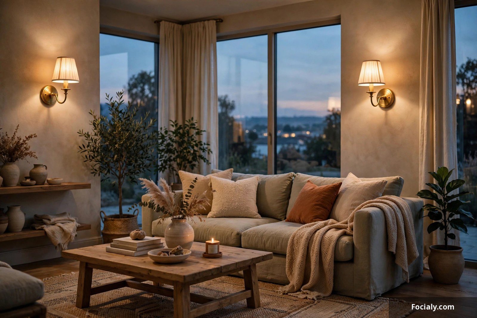 Warm brass wall sconces glowing in a cozy living room at dusk