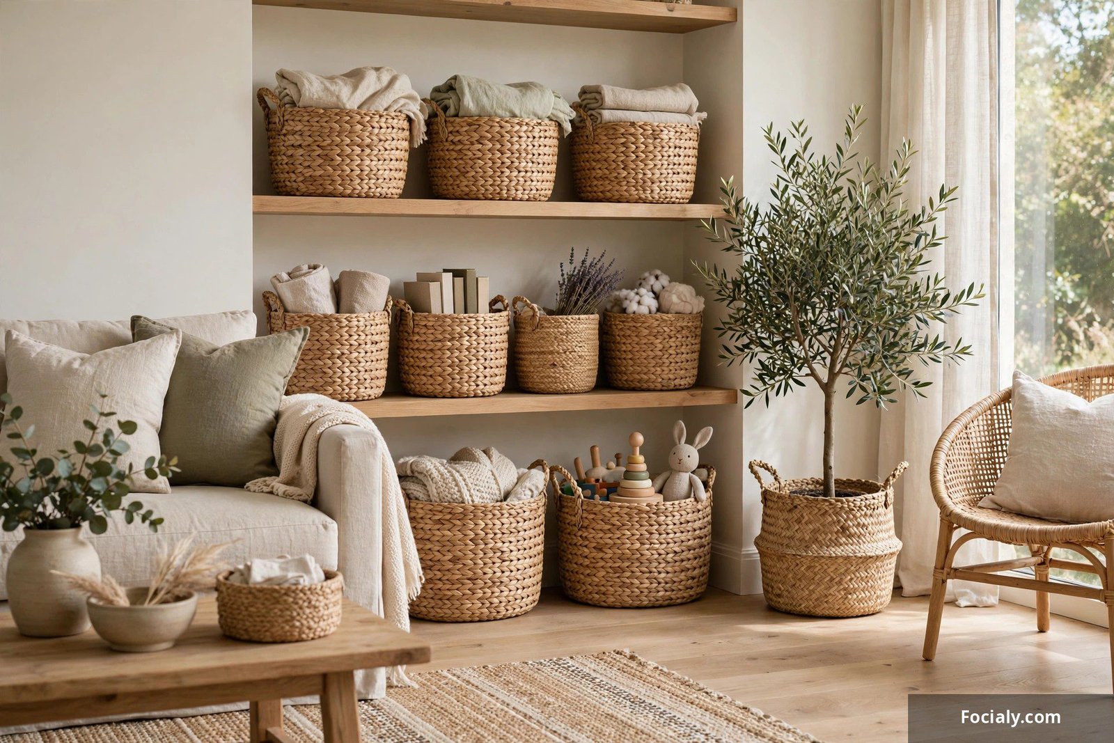 Woven seagrass baskets used as stylish storage in a living room