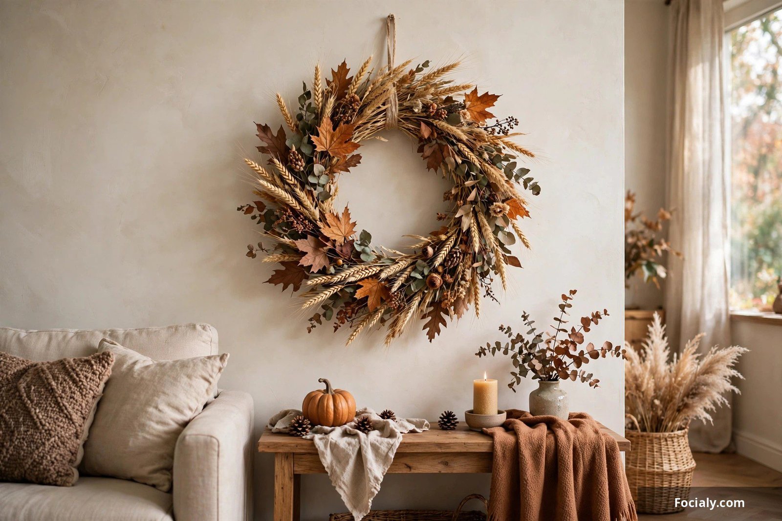 Autumn wreath of dried wheat and leaves on a living room wall