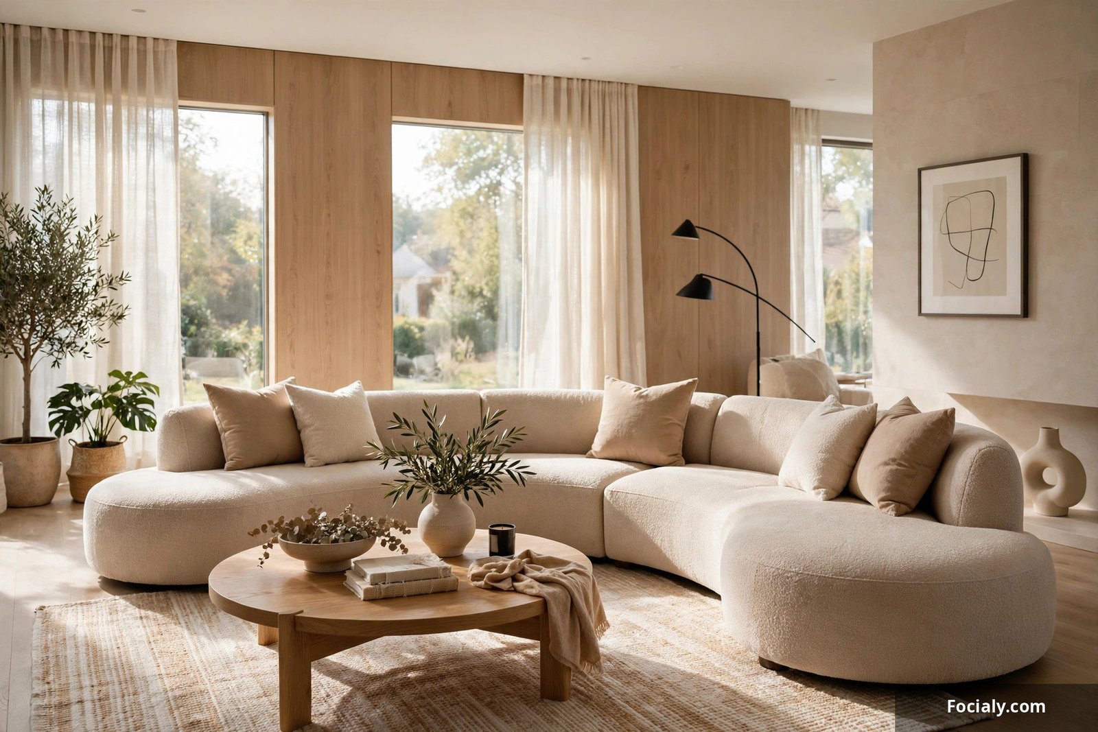 Curved modern sectional sofa in warm greige in a contemporary living room