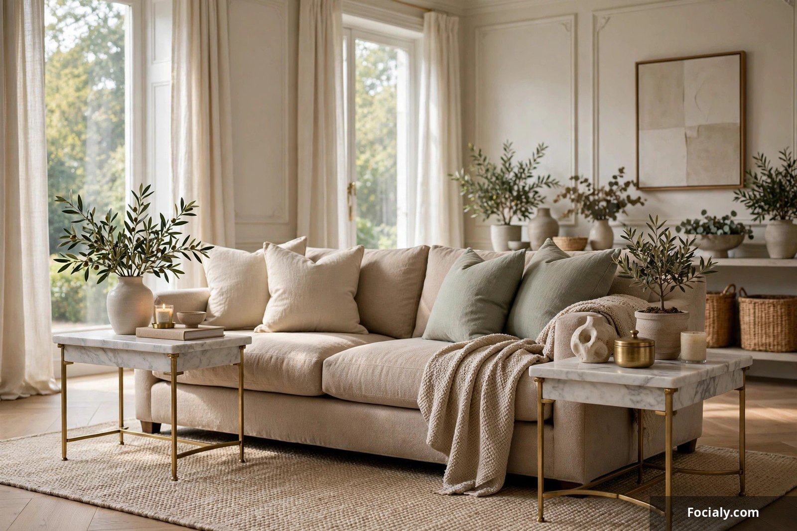 Pair of marble side tables beside a sofa in an elegant living room