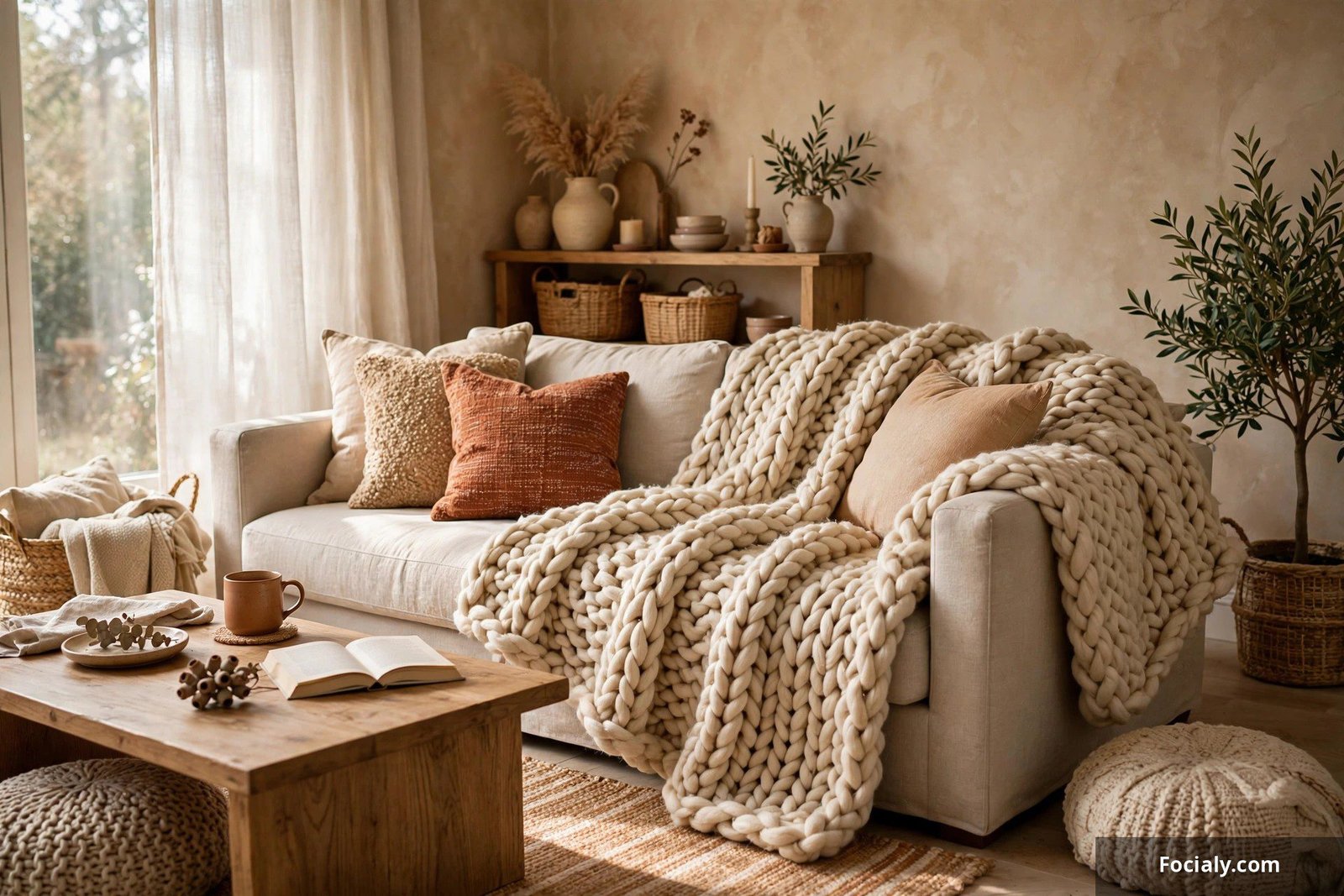 Chunky knit throw blanket draped over a sofa in a cozy living room