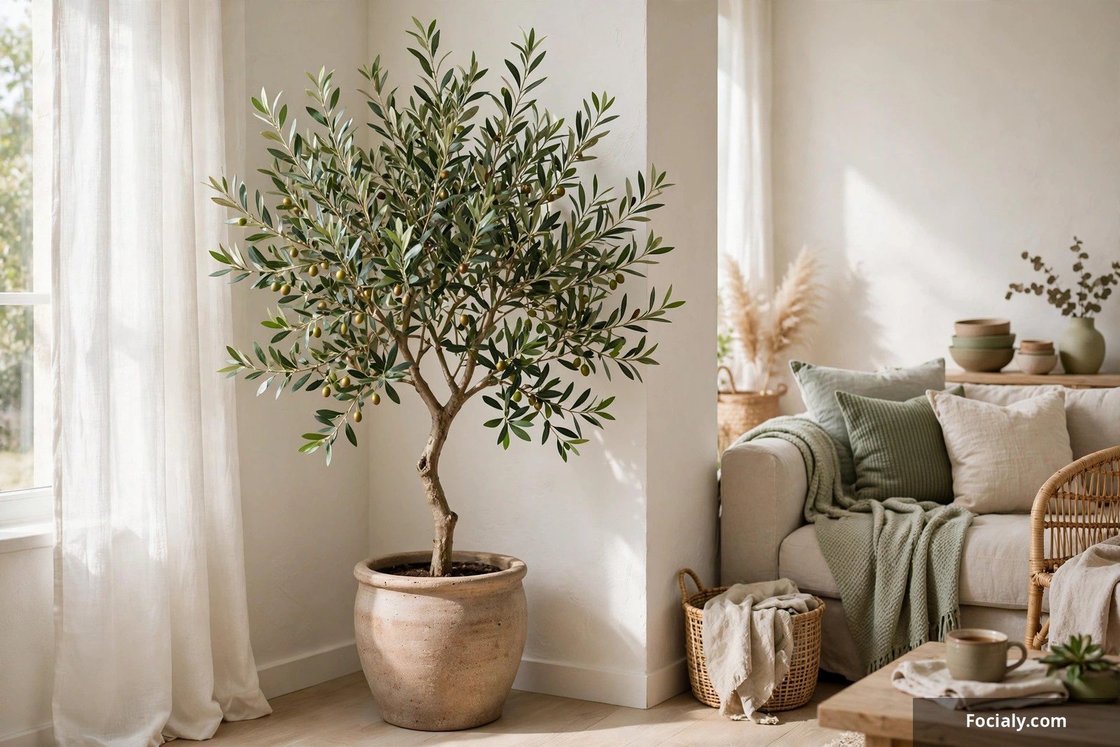 Indoor olive tree in a planter brightening a living room corner