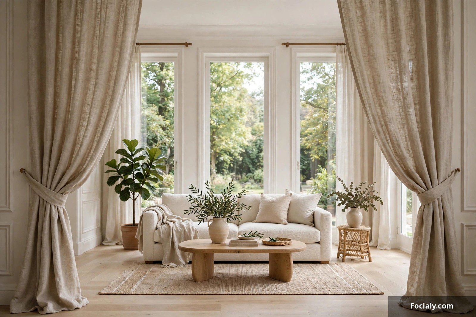 Neutral linen curtain panels framing tall living room windows