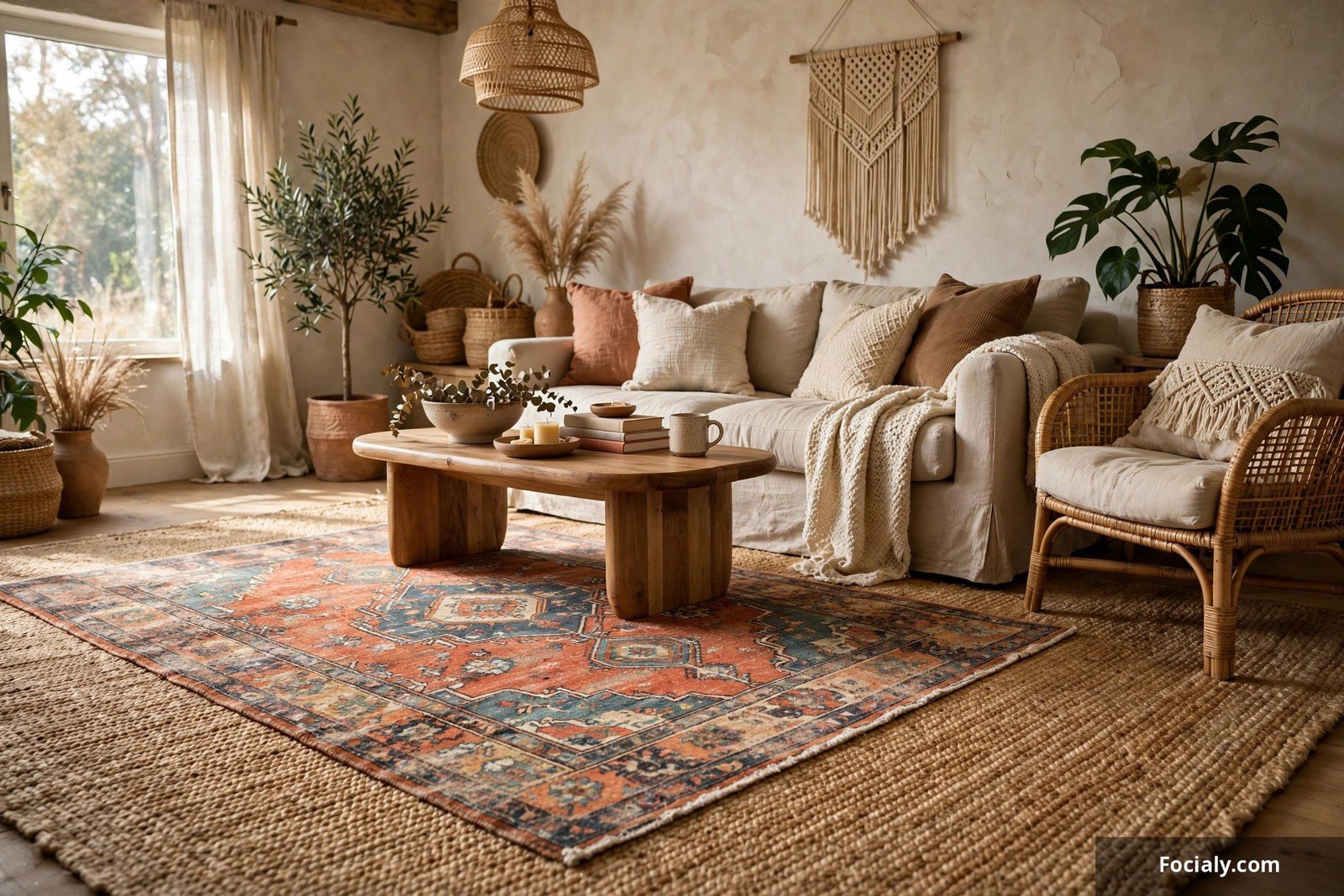 Vintage style rug layered over a jute rug in a cozy living room