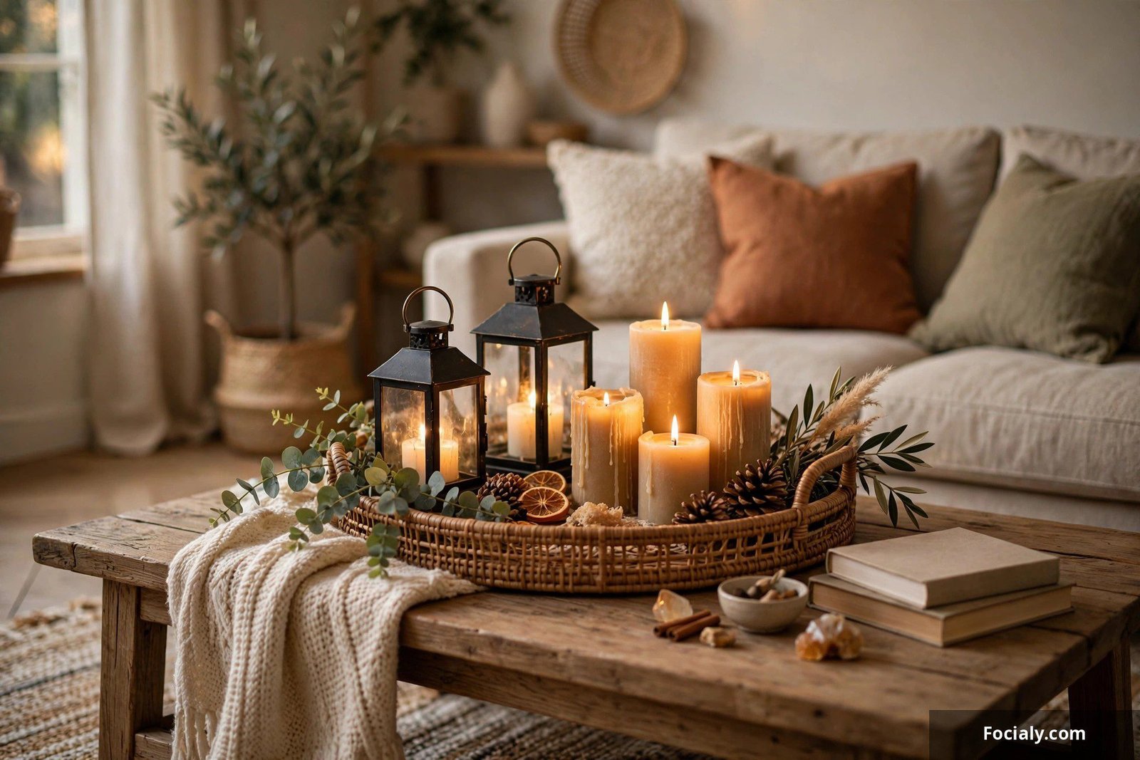Decorative tray with candles and lanterns on a living room coffee table