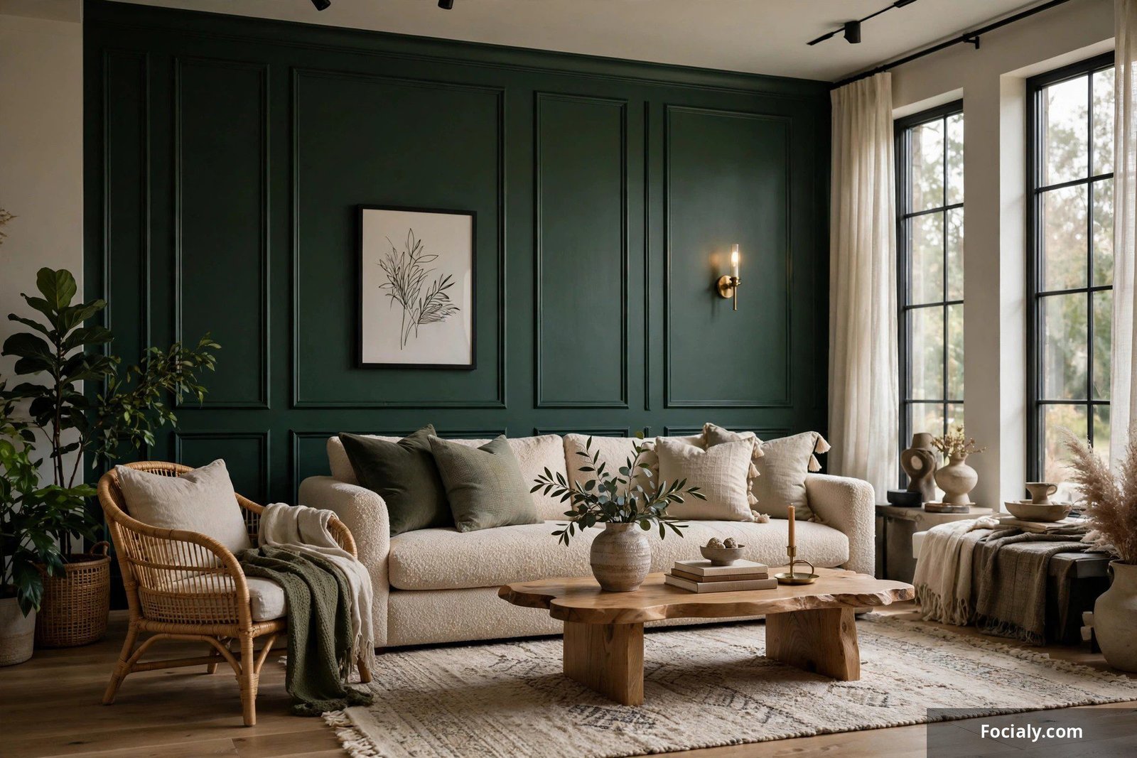 Moody deep green accent wall in a stylish living room