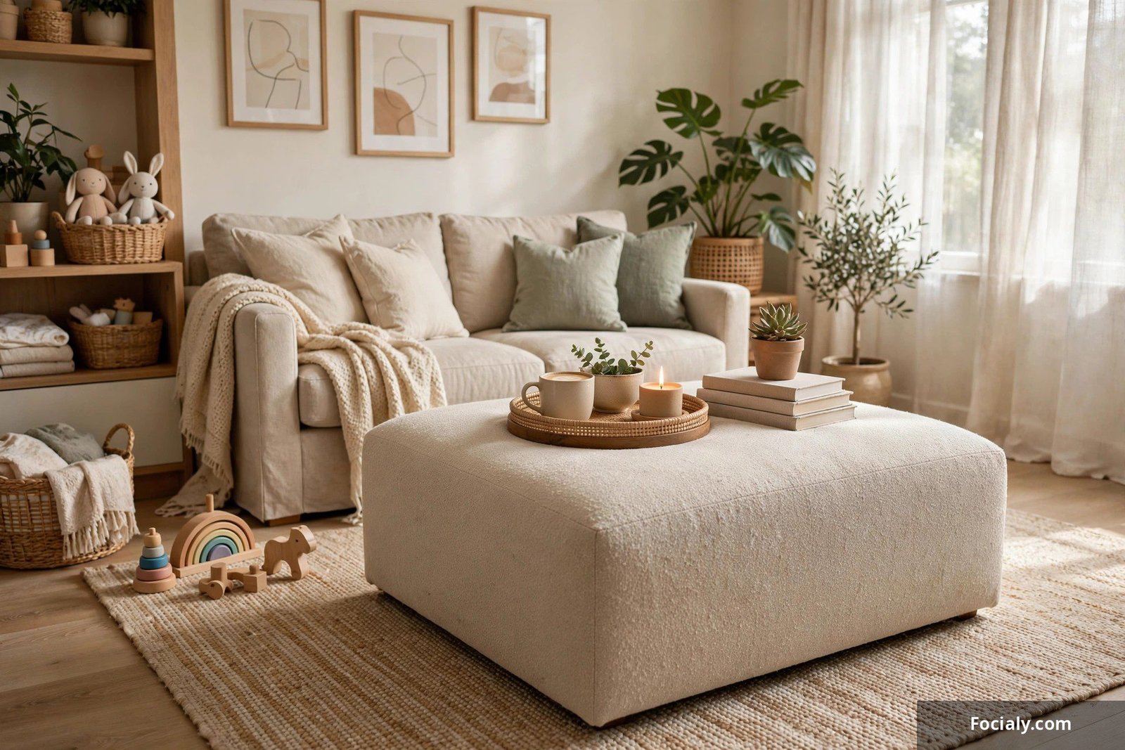 Upholstered ottoman used as a coffee table in a family friendly living room