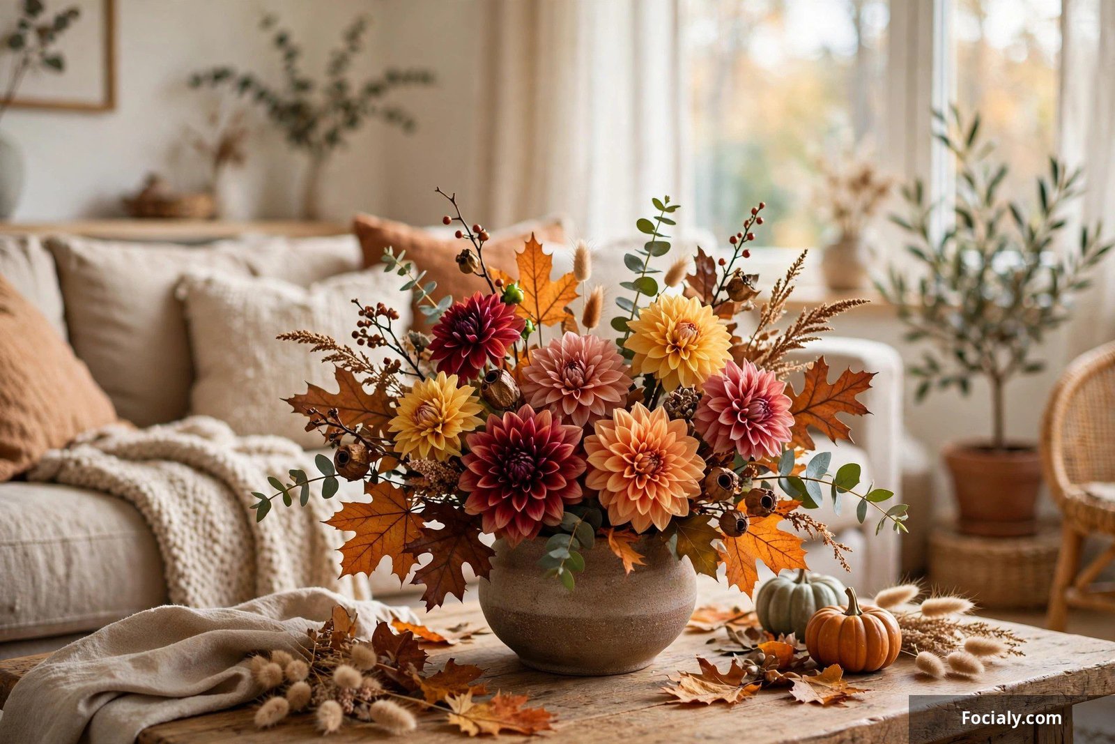Fresh fall floral arrangement with dahlias and autumn foliage in a living room