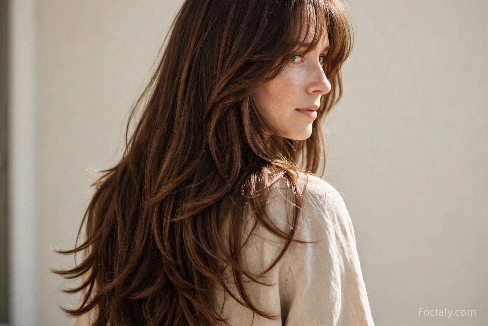 Long layered haircut with soft curtain bangs framing the face
