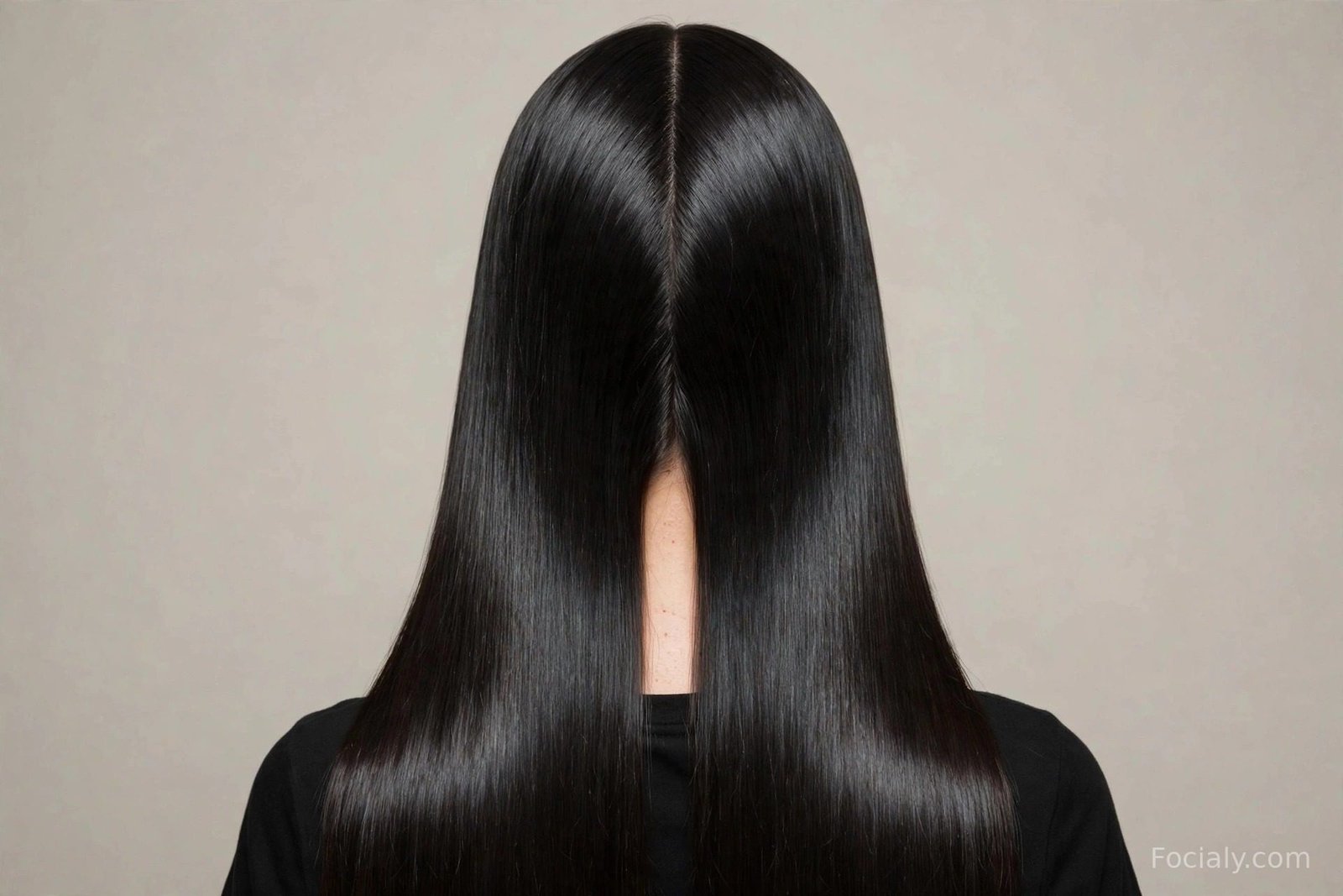 Pin-straight long glossy black hair with a middle part