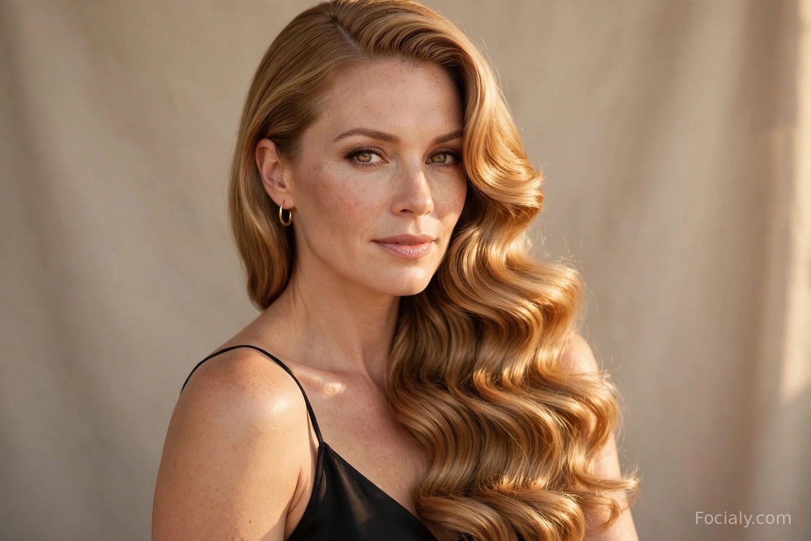 Long honey blonde hair styled in glamorous Hollywood waves