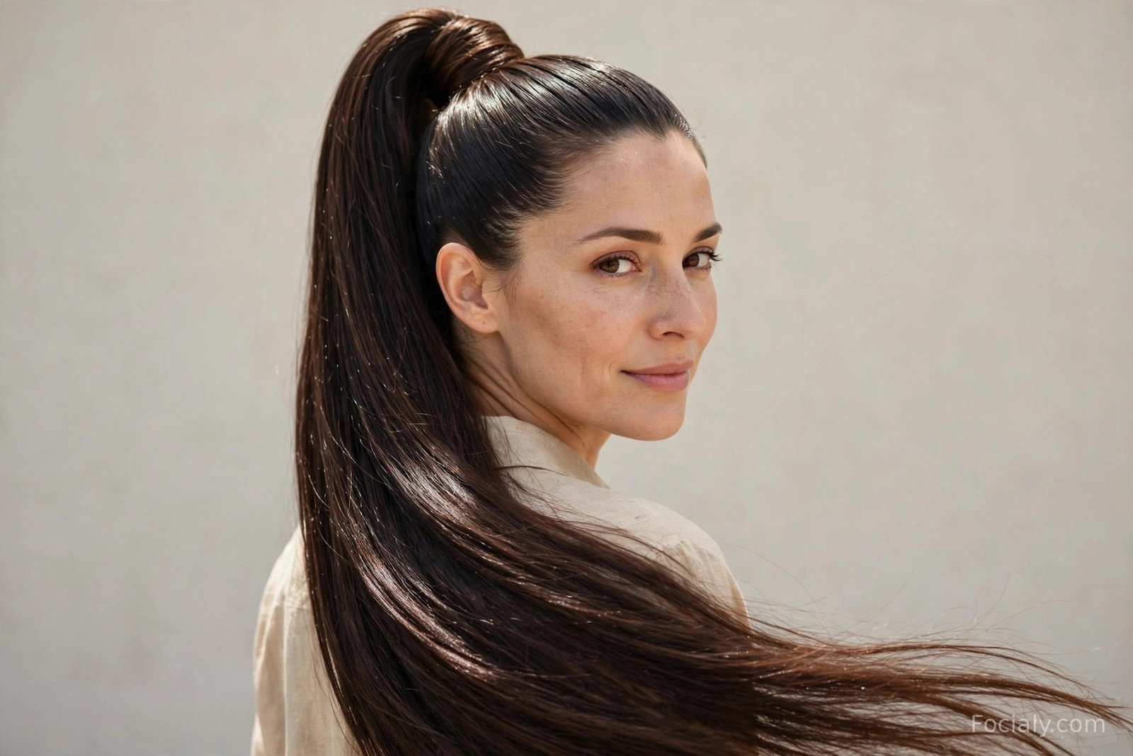 High ponytail with the base wrapped in a strand of hair