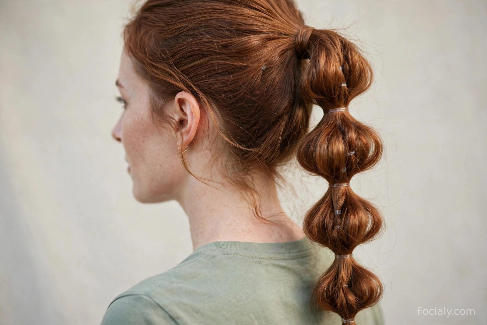 Long hair styled in a playful bubble braid ponytail