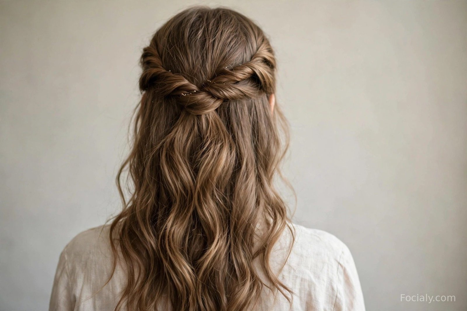 Half-up twisted crown hairstyle on long wavy hair