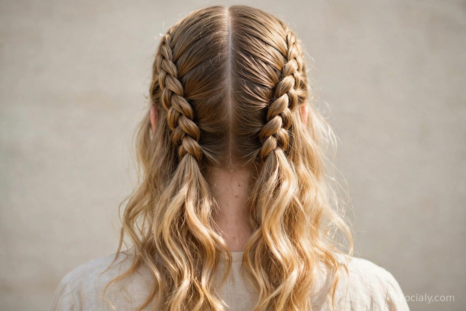 Two Dutch braids running into loose wavy long hair