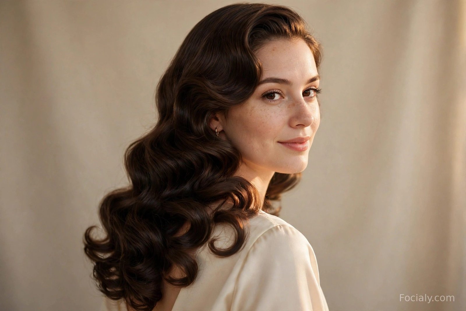 Long side-swept vintage curls on dark hair