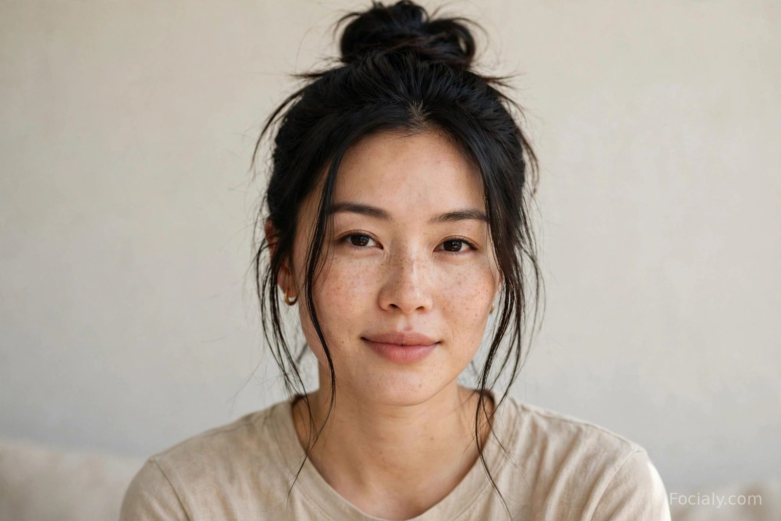 Messy top knot with loose face-framing strands on long hair