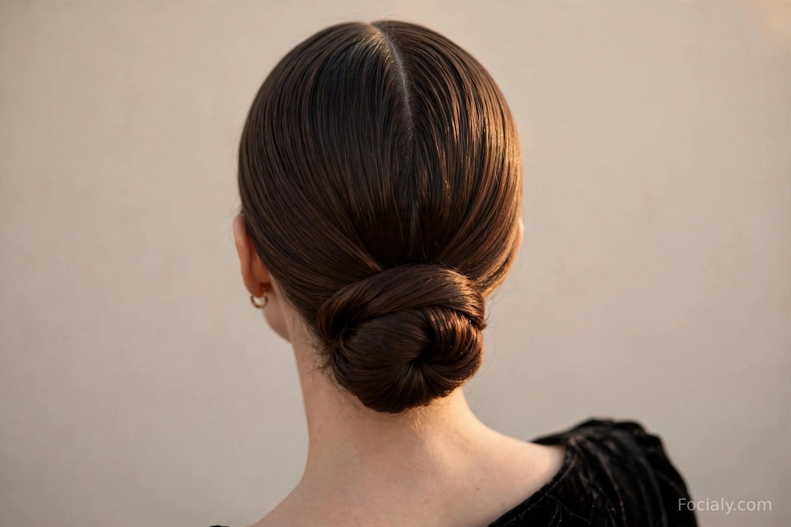 Elegant low chignon with a middle part on long hair