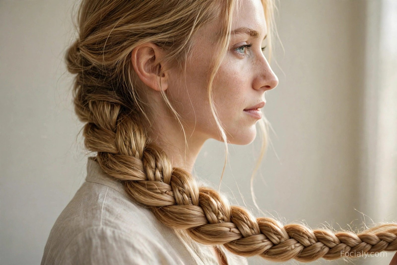 Thick fishtail braid draped over one shoulder