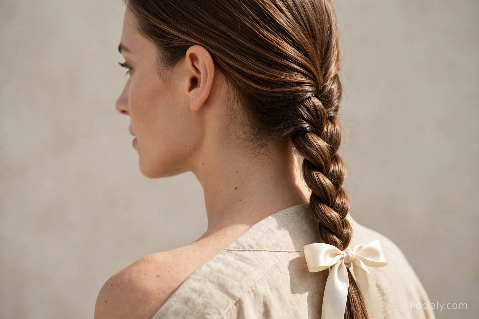 Braided ponytail tied with a satin ribbon on long hair