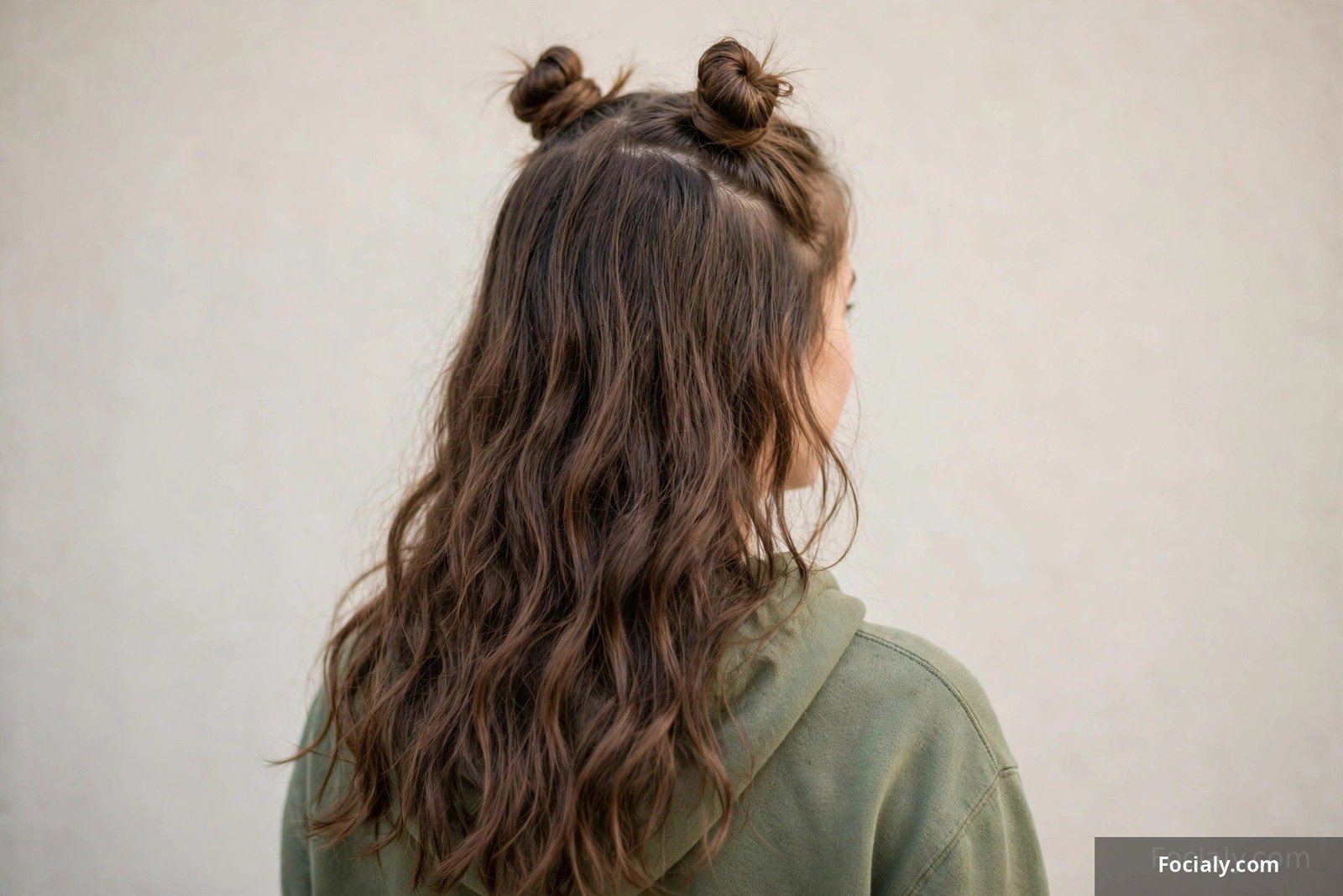 Half-up space buns with the rest of the long hair left loose