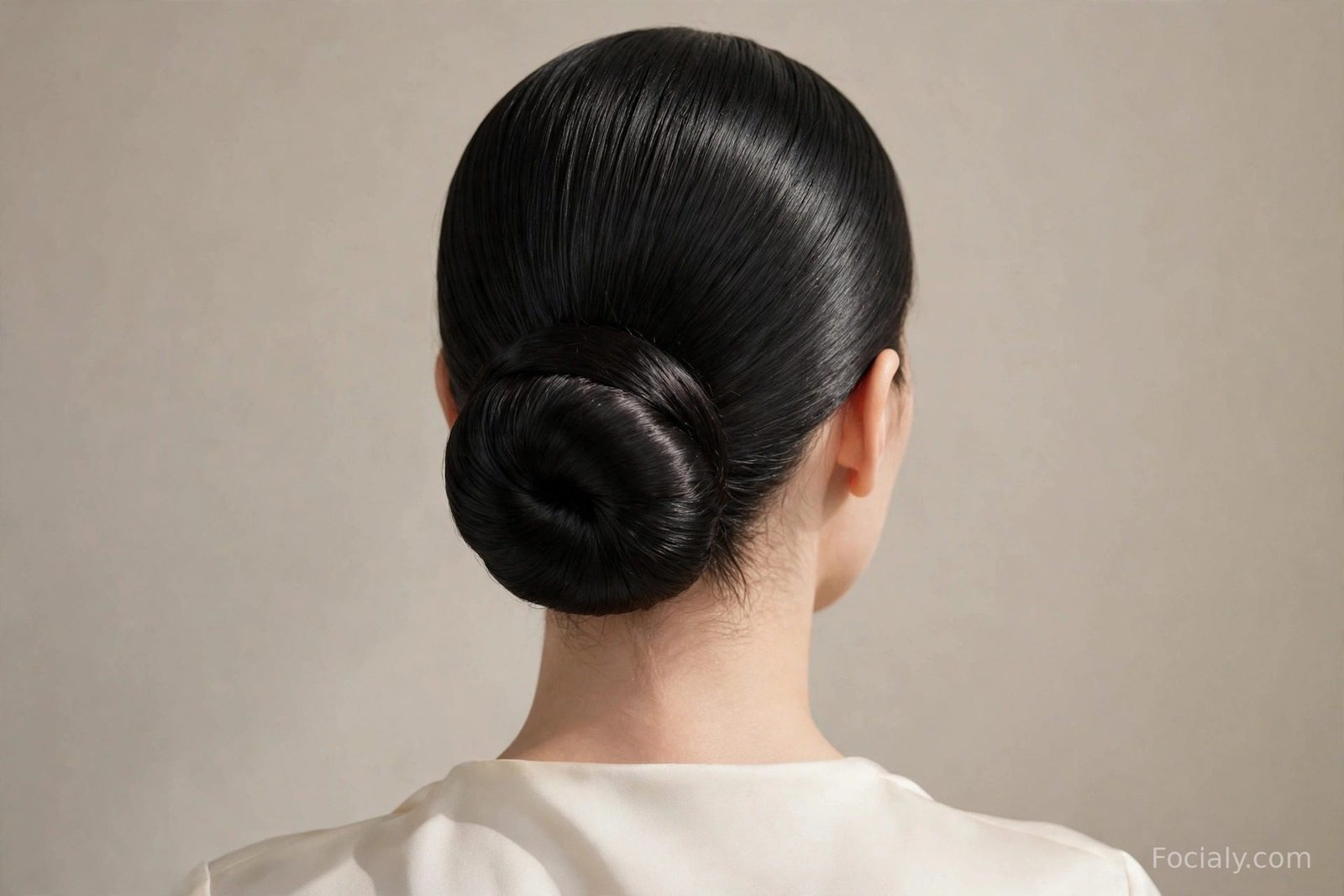 Sleek low bun on long hair with a polished finish