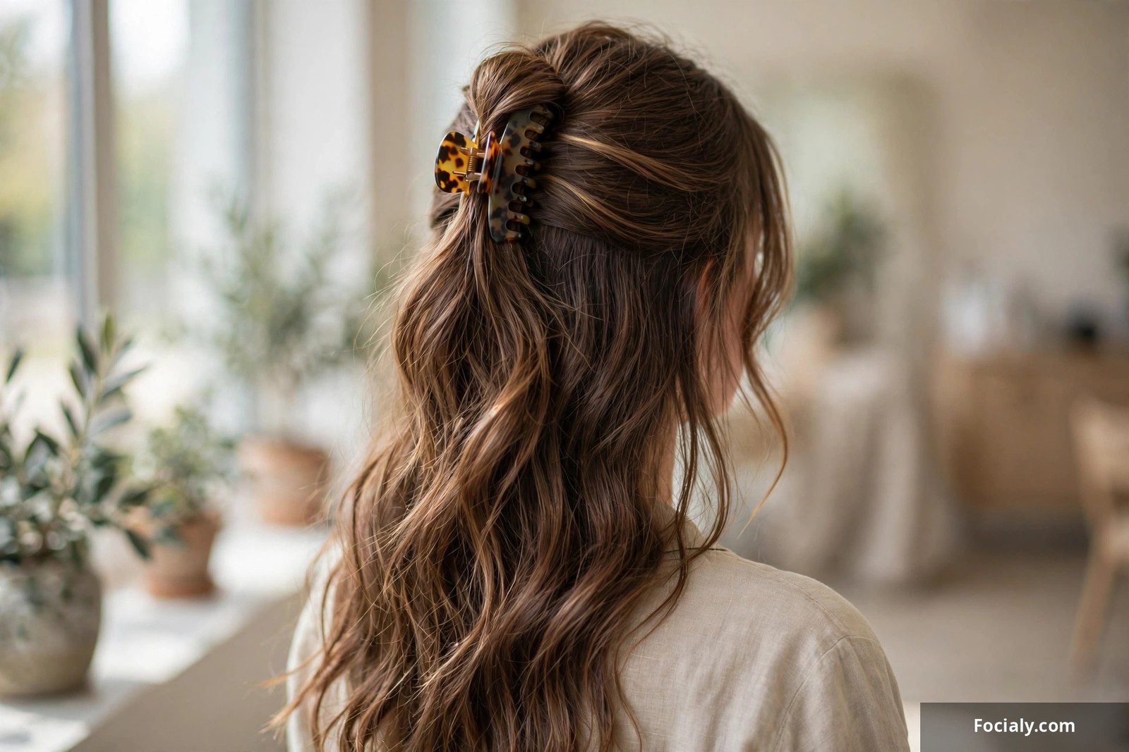 Half-up long wavy hair secured with a claw clip
