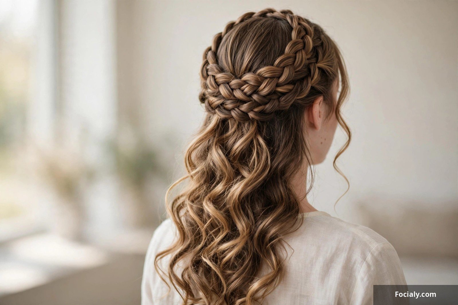 Braided crown with loose curls on long hair