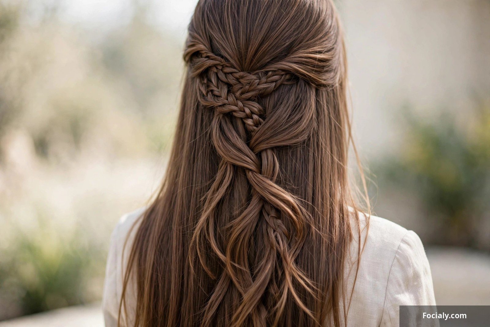 Waterfall braid woven through long straight hair