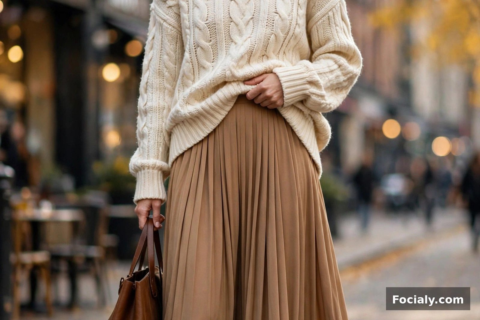 Woman wearing a cream cable-knit sweater tucked into a camel pleated maxi skirt with ankle boots on an autumn street